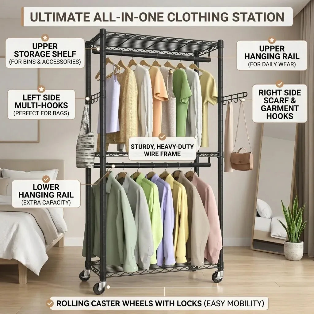 Double Rail Garment Rack with Shelves and Lockable Wheels - Black