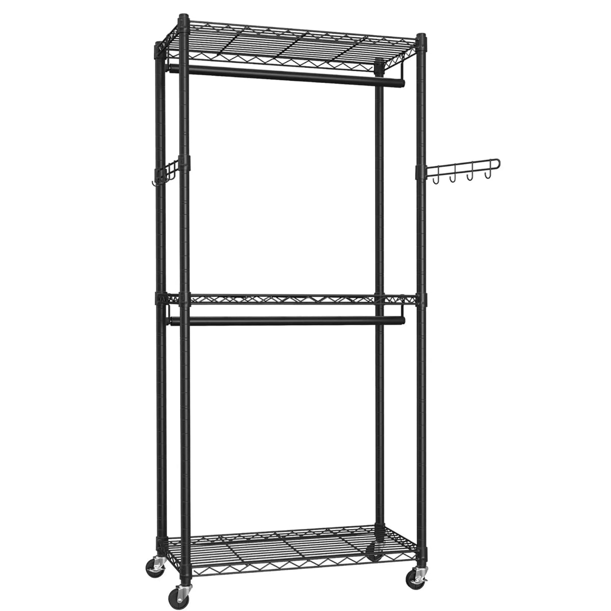 Double Rail Garment Rack with Shelves and Lockable Wheels - Black