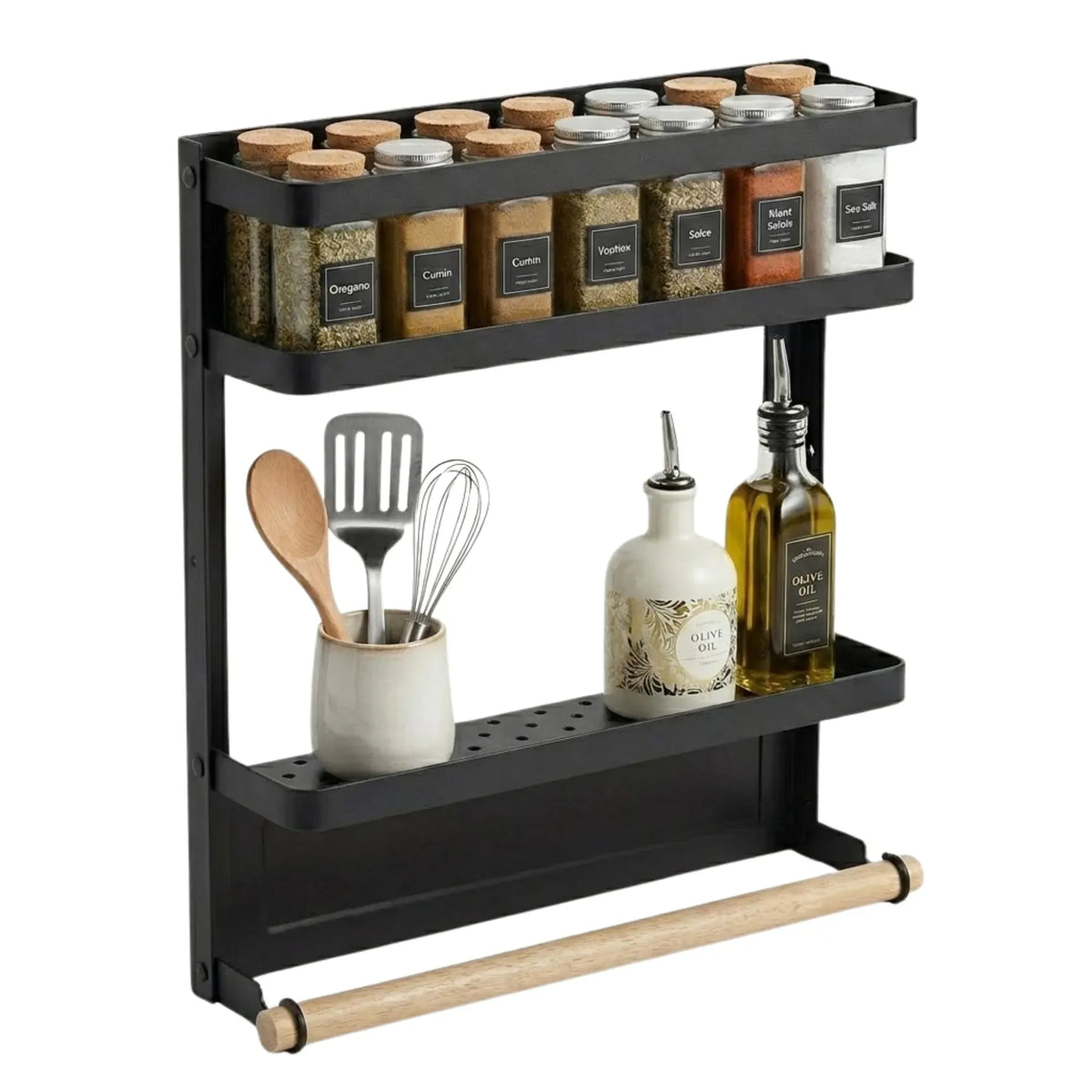 Magnetic 2 Tier Refrigerator Spice Rack Fridge Organiser - Black