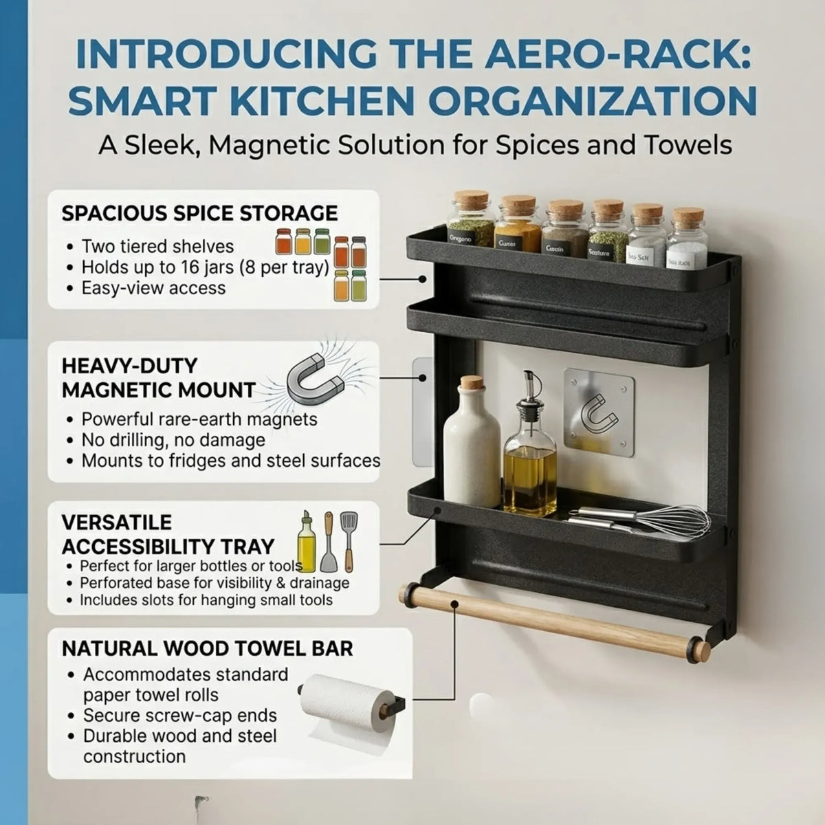 Magnetic 2 Tier Refrigerator Spice Rack Fridge Organiser - Black