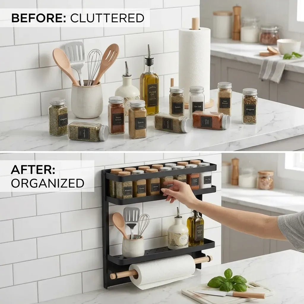 Magnetic 2 Tier Refrigerator Spice Rack Fridge Organiser - Black
