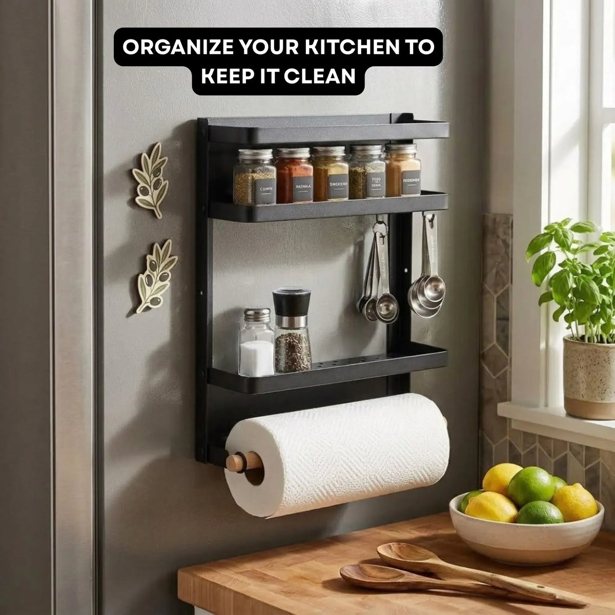 Magnetic 2 Tier Refrigerator Spice Rack Fridge Organiser - Black