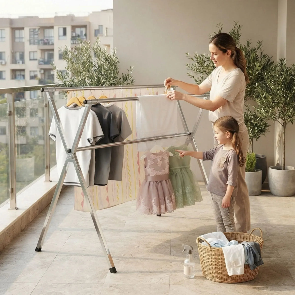 Folding Clothes Drying Rack Indoor Outdoor with Windproof Hooks - Grey