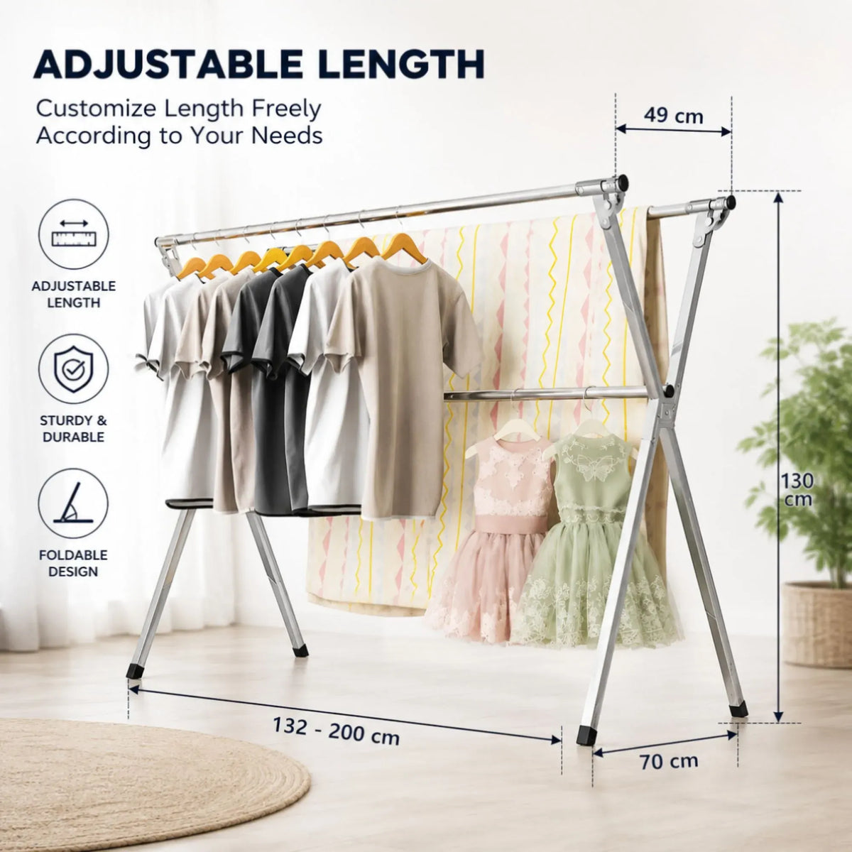 Folding Clothes Drying Rack Indoor Outdoor with Windproof Hooks - Grey