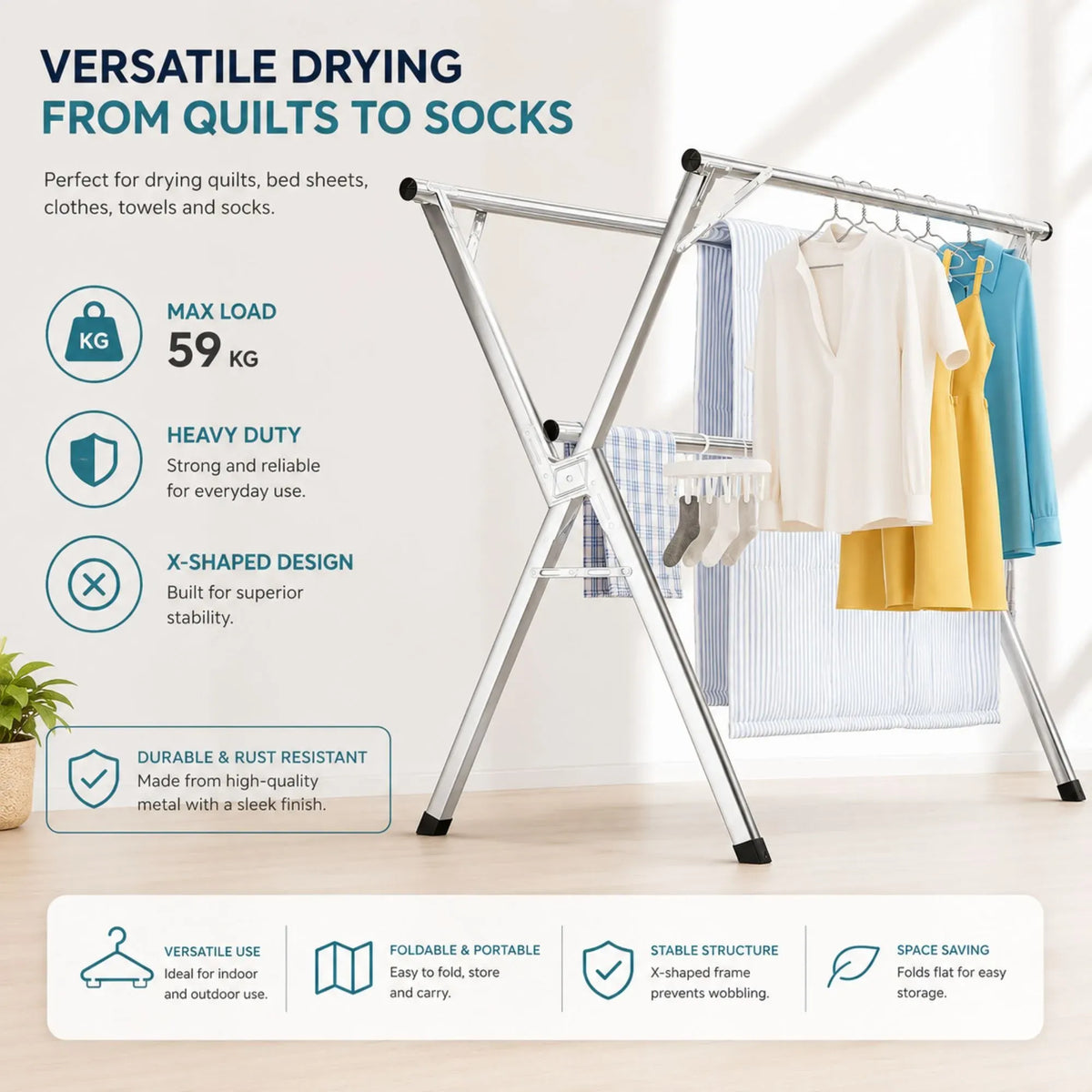 Folding Clothes Drying Rack Indoor Outdoor with Windproof Hooks - Grey