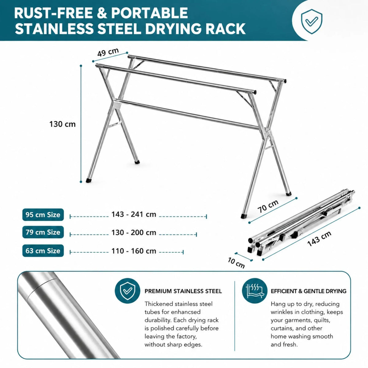 Folding Clothes Drying Rack Indoor Outdoor with Windproof Hooks - Grey