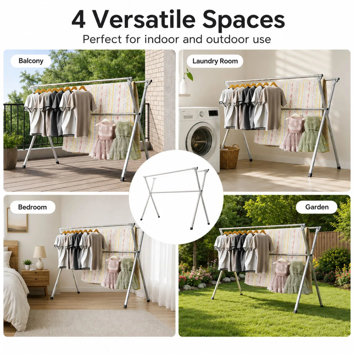 Folding Clothes Drying Rack Indoor Outdoor with Windproof Hooks - Grey