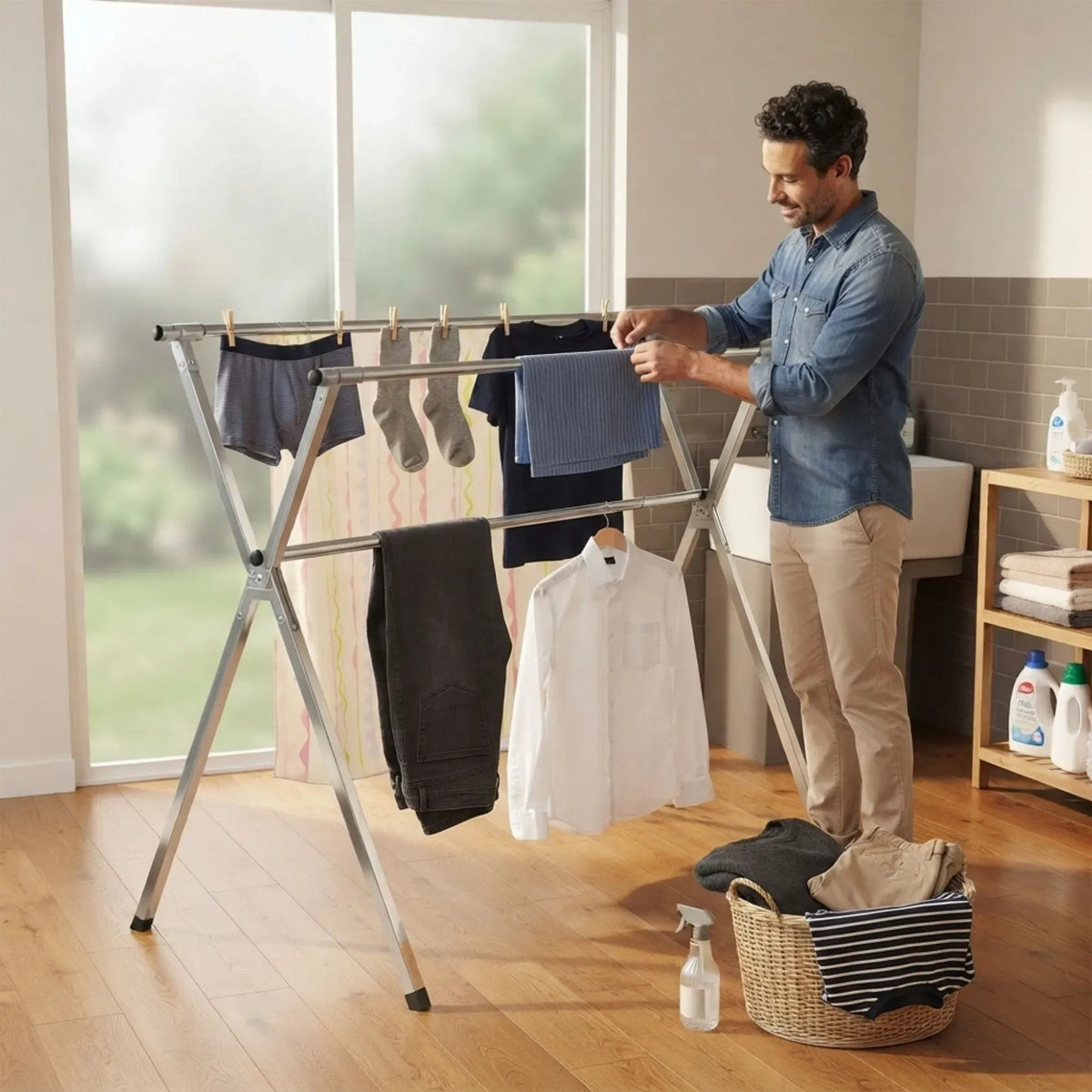 Folding Clothes Drying Rack Indoor Outdoor with Windproof Hooks - Grey