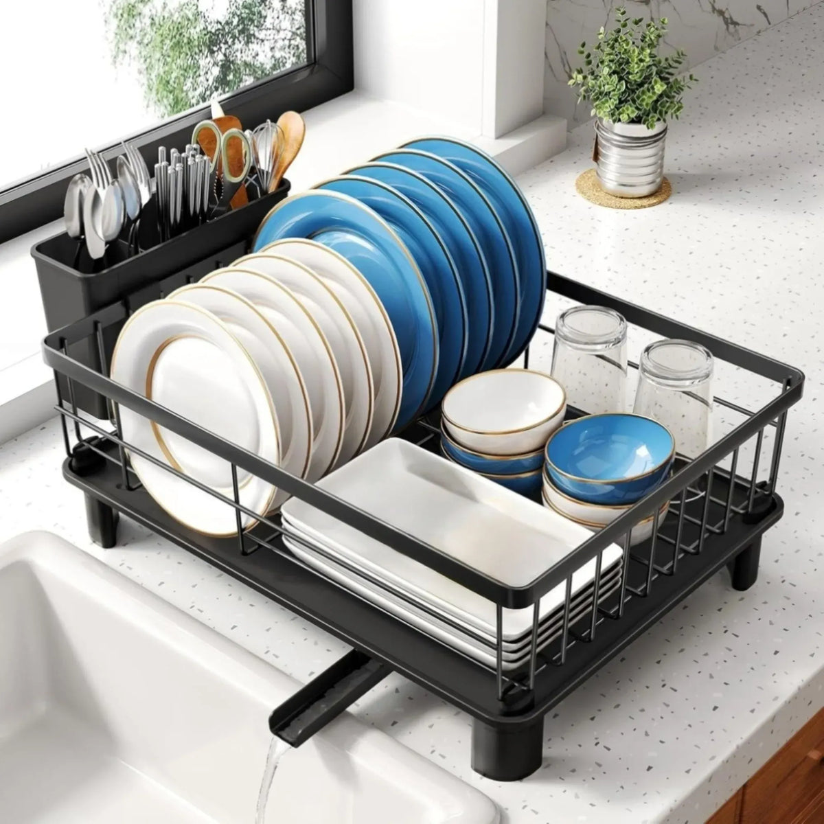 Dish Drying Rack with Drainboard and Utensil Holder for Kitchen - Black