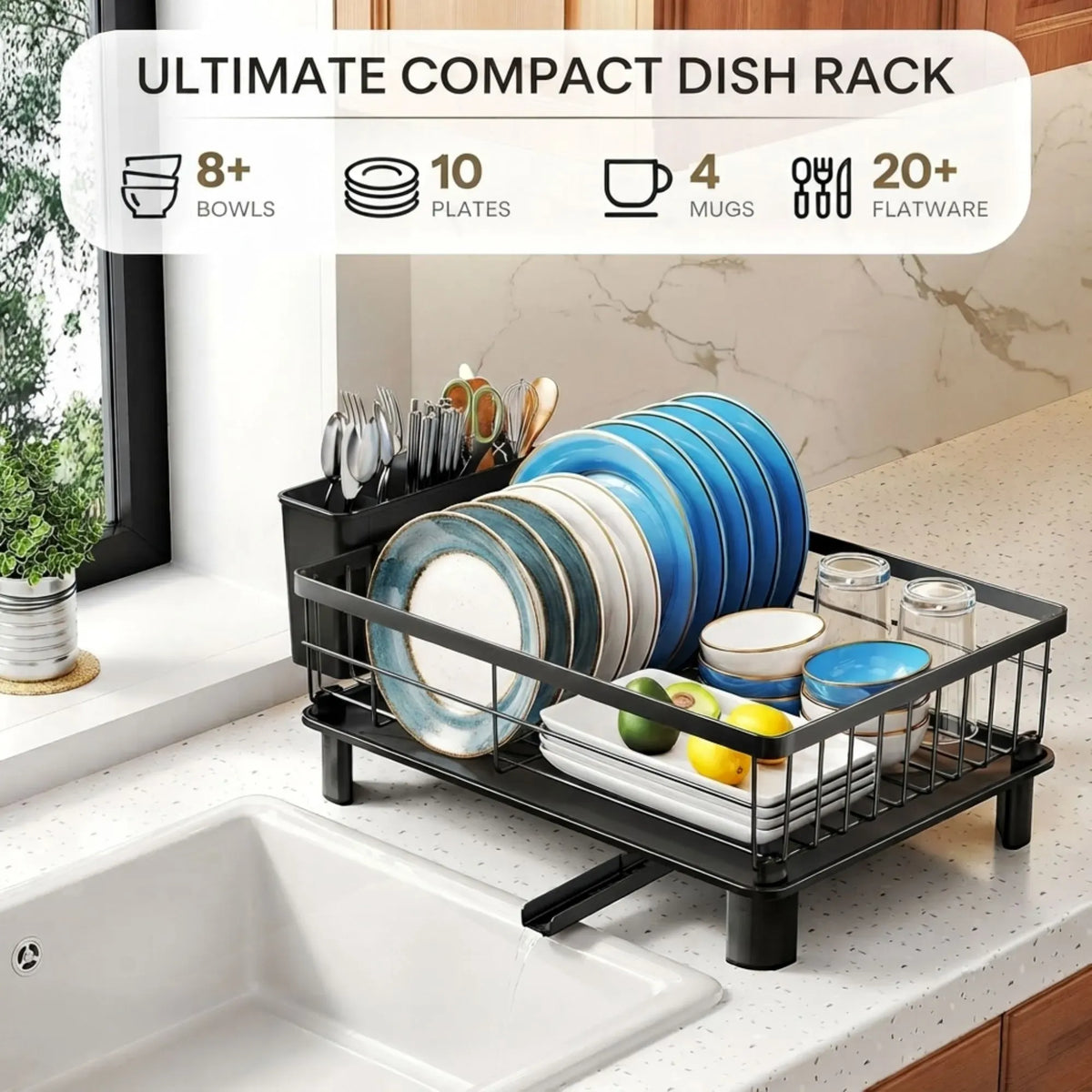 Dish Drying Rack with Drainboard and Utensil Holder for Kitchen - Black