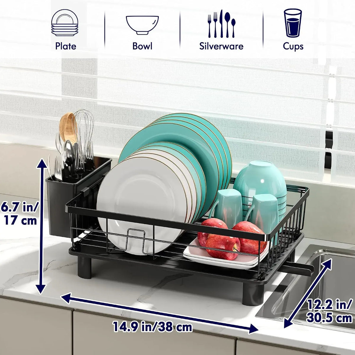 Dish Drying Rack with Drainboard and Utensil Holder for Kitchen - Black