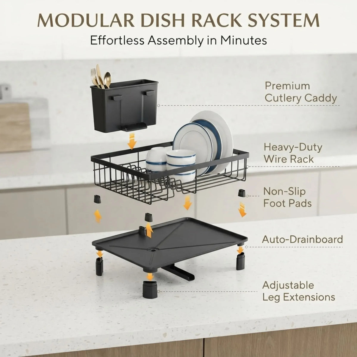 Dish Drying Rack with Drainboard and Utensil Holder for Kitchen - Black