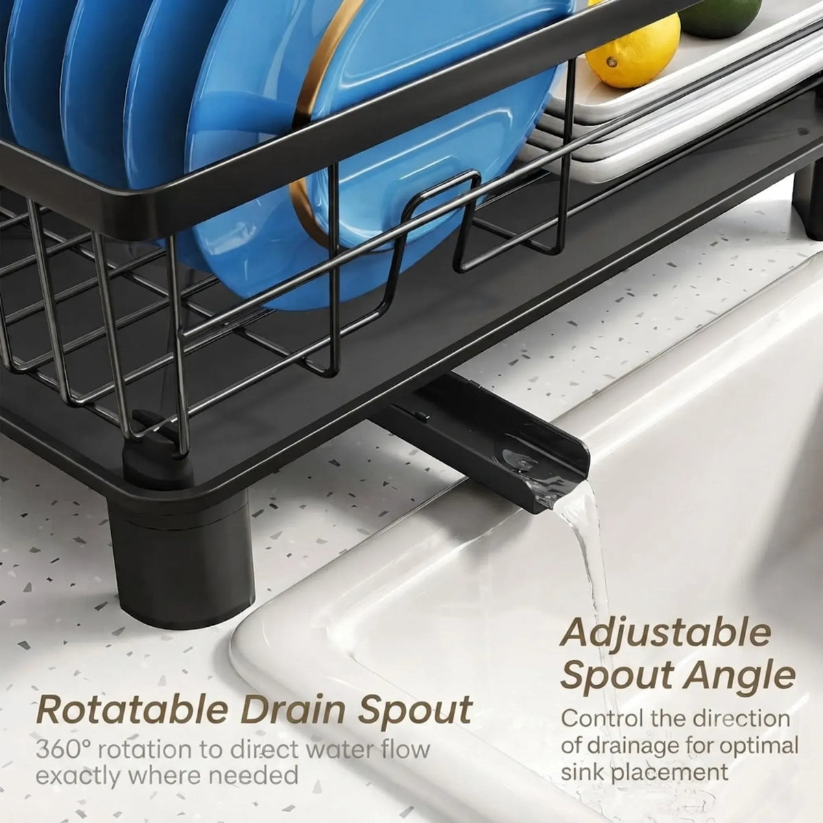 Dish Drying Rack with Drainboard and Utensil Holder for Kitchen - Black
