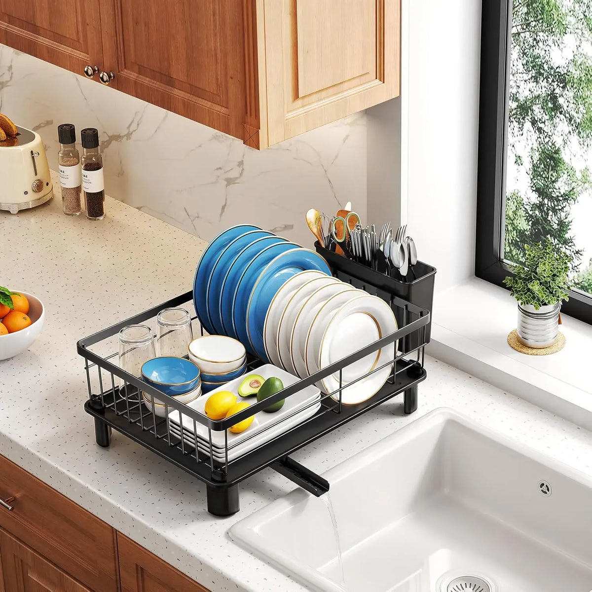 Dish Drying Rack with Drainboard and Utensil Holder for Kitchen - Black