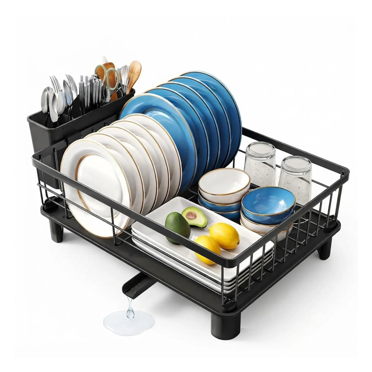 Dish Drying Rack with Drainboard and Utensil Holder for Kitchen - Black