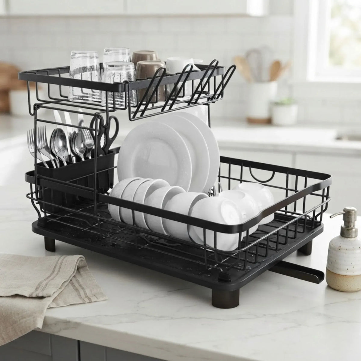 2 Tier Dish Drying Rack with Drainboard and Utensil Holder for Kitchen - Black