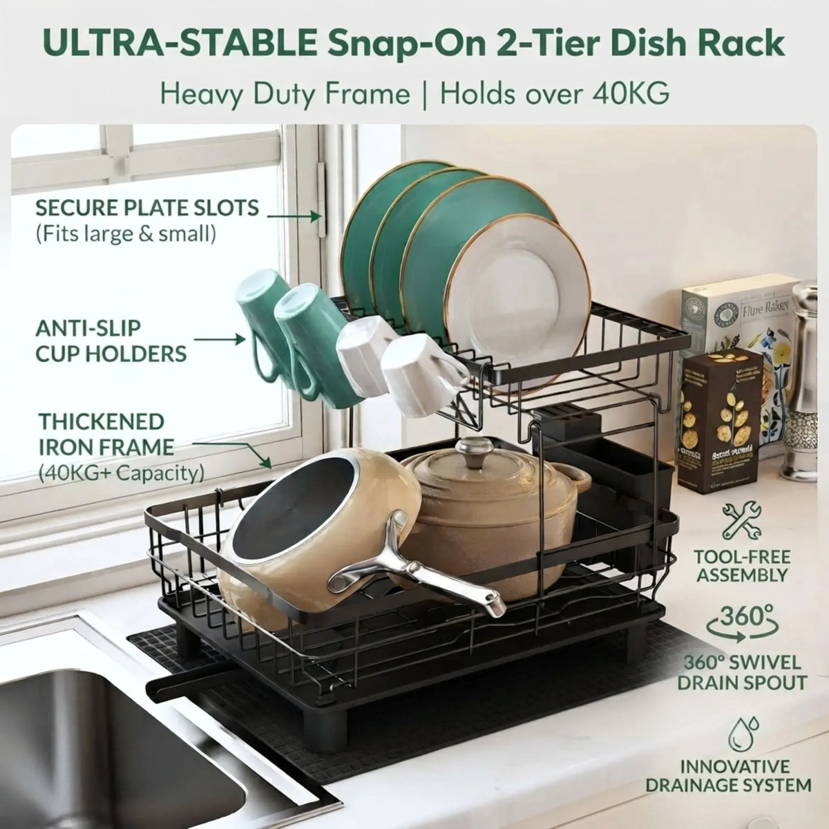 2 Tier Dish Drying Rack with Drainboard and Utensil Holder for Kitchen - Black