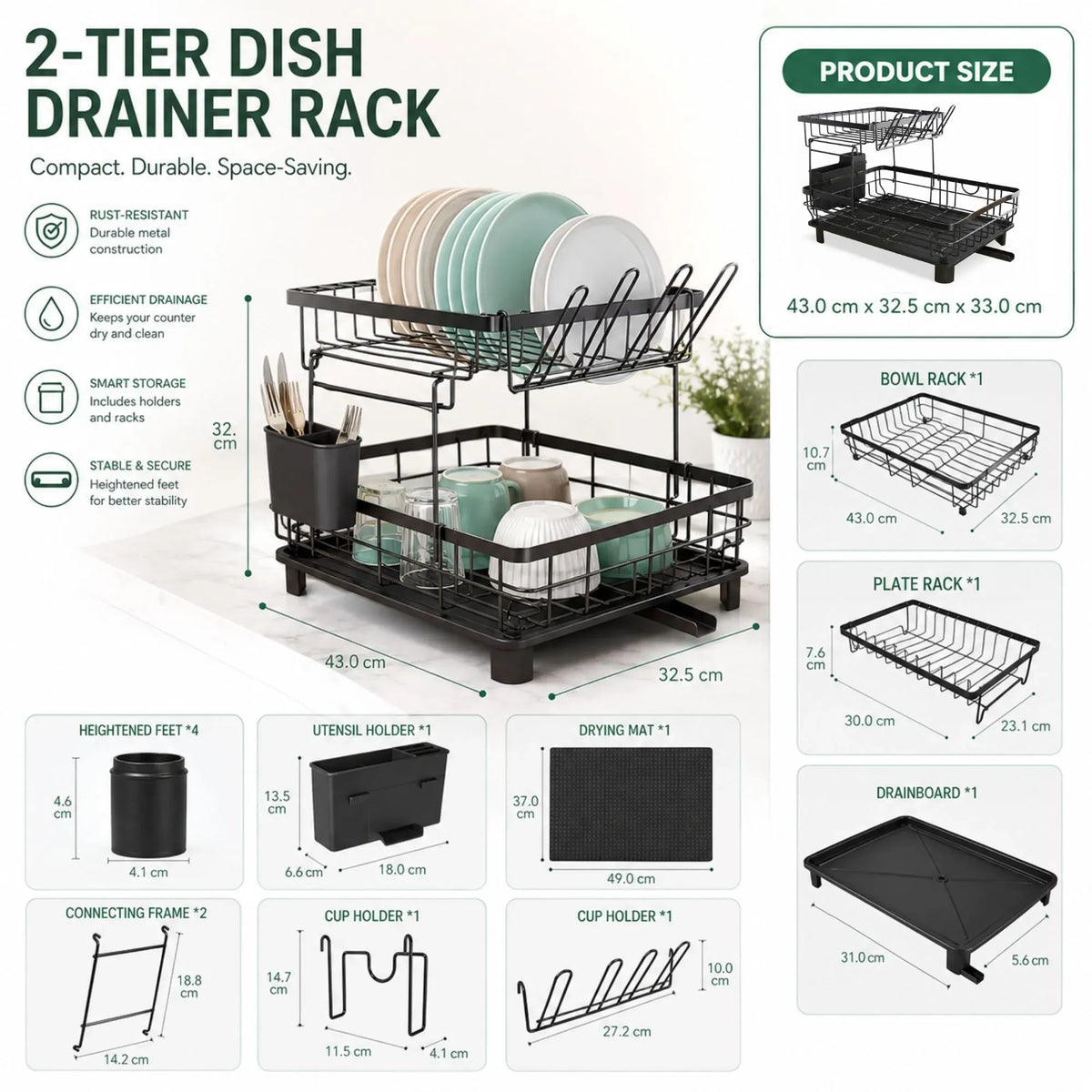 2 Tier Dish Drying Rack with Drainboard and Utensil Holder for Kitchen - Black