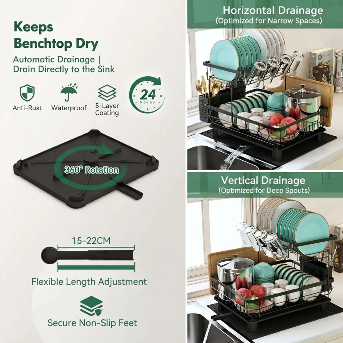 2 Tier Dish Drying Rack with Drainboard and Utensil Holder for Kitchen - Black