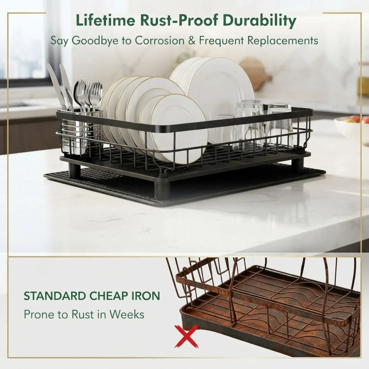 2 Tier Dish Drying Rack with Drainboard and Utensil Holder for Kitchen - Black