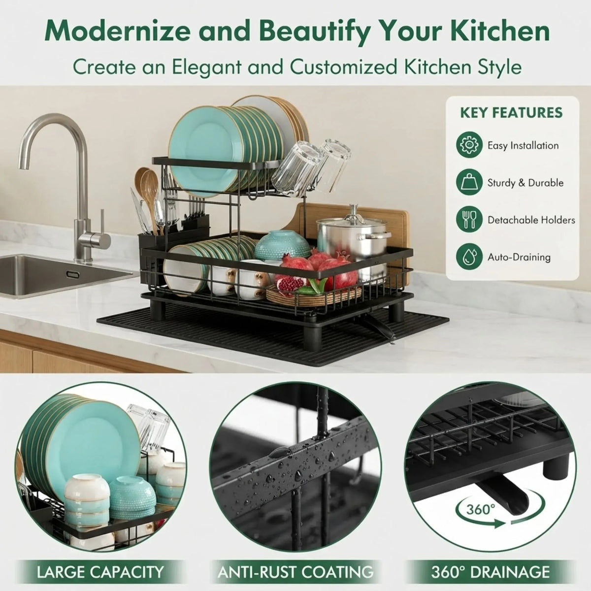 2 Tier Dish Drying Rack with Drainboard and Utensil Holder for Kitchen - Black