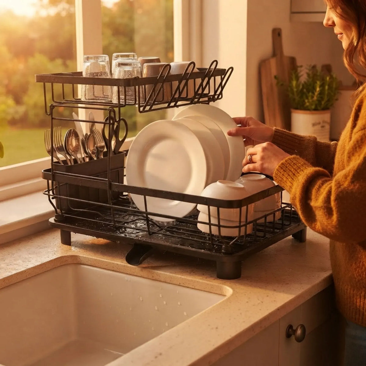 2 Tier Dish Drying Rack with Drainboard and Utensil Holder for Kitchen - Black