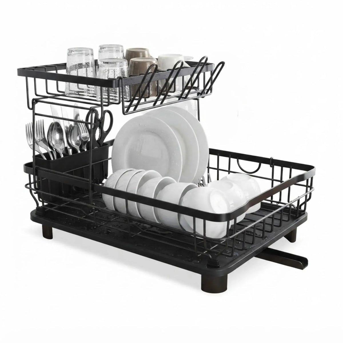2 Tier Dish Drying Rack with Drainboard and Utensil Holder for Kitchen - Black
