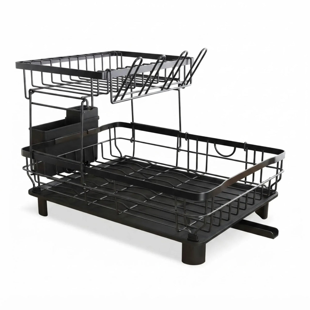 2 Tier Dish Drying Rack with Drainboard and Utensil Holder for Kitchen - Black