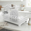 2 Tier Dish Drying Rack with Drainboard and Utensil Holder for Kitchen - White