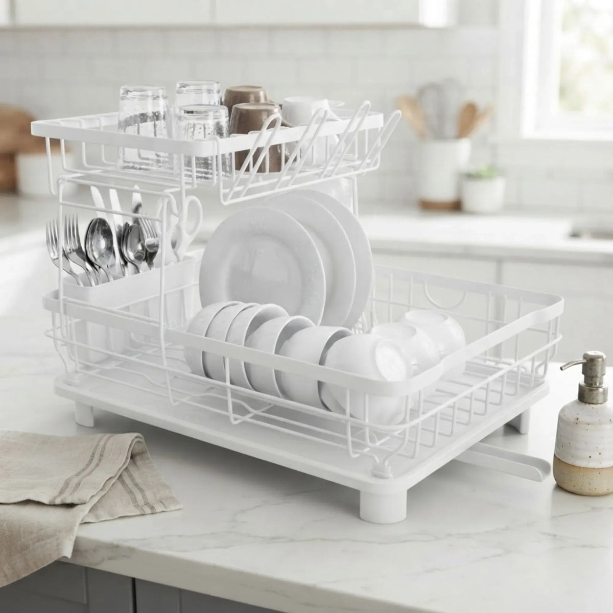 2 Tier Dish Drying Rack with Drainboard and Utensil Holder for Kitchen - White