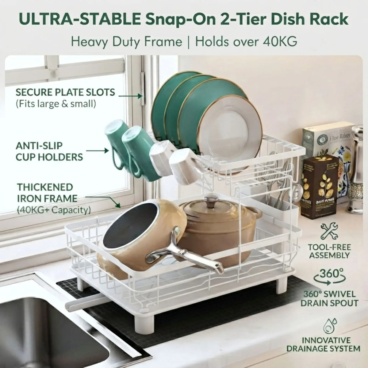 2 Tier Dish Drying Rack with Drainboard and Utensil Holder for Kitchen - White