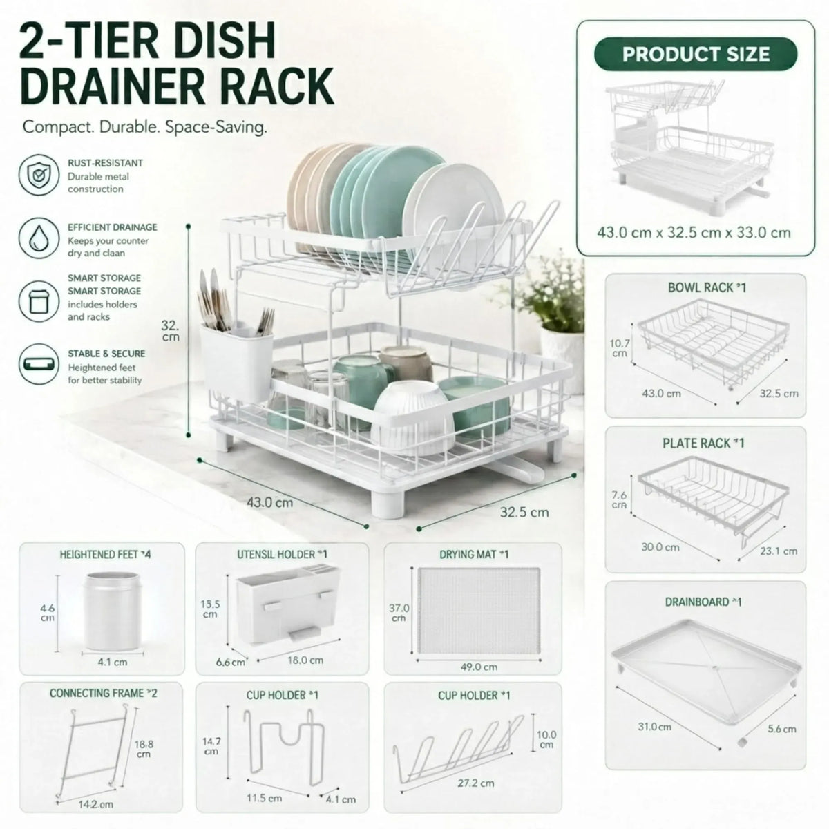 2 Tier Dish Drying Rack with Drainboard and Utensil Holder for Kitchen - White