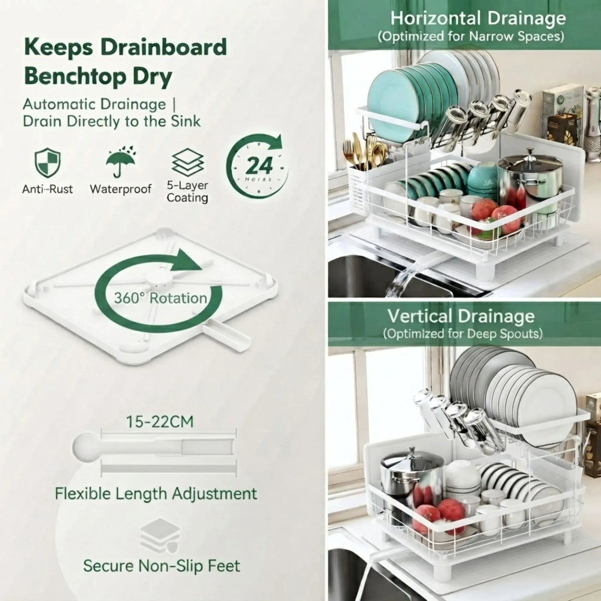 2 Tier Dish Drying Rack with Drainboard and Utensil Holder for Kitchen - White