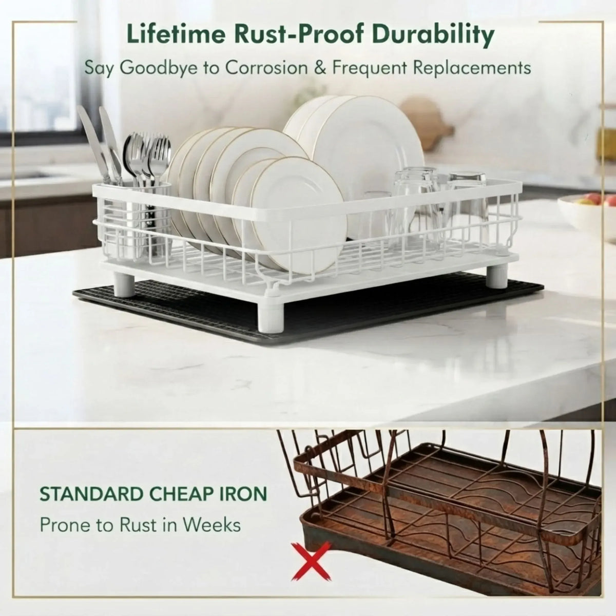2 Tier Dish Drying Rack with Drainboard and Utensil Holder for Kitchen - White