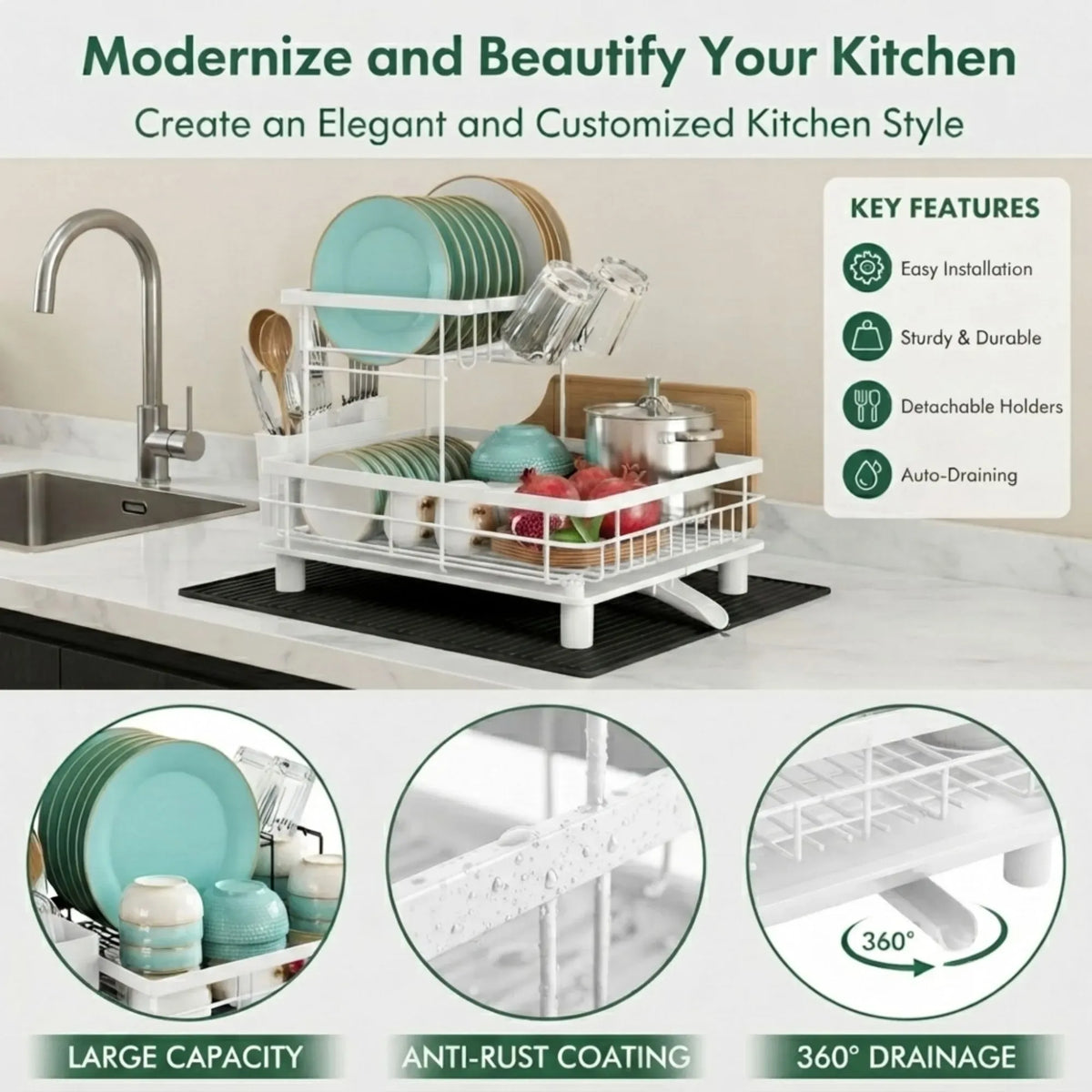 2 Tier Dish Drying Rack with Drainboard and Utensil Holder for Kitchen - White