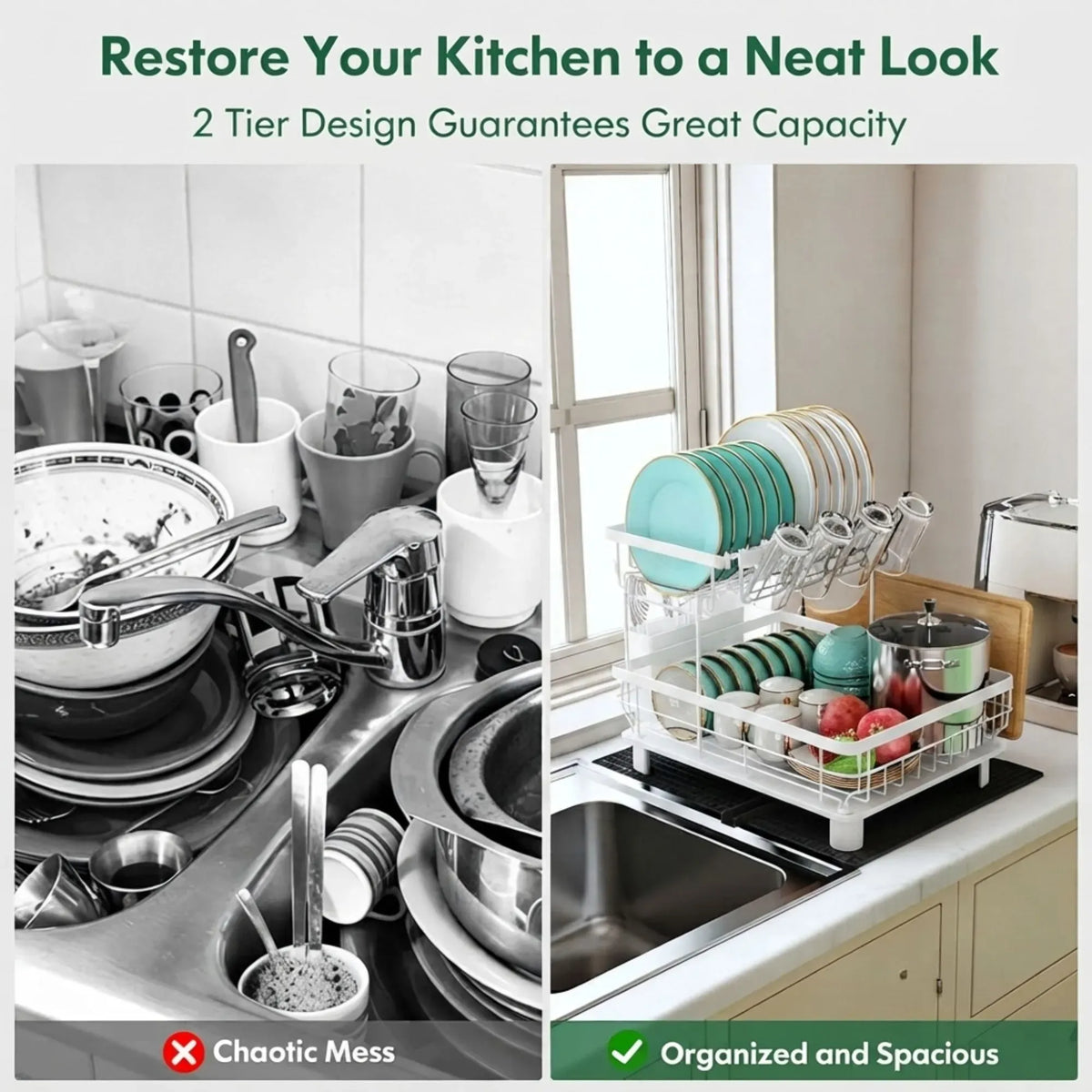 2 Tier Dish Drying Rack with Drainboard and Utensil Holder for Kitchen - White
