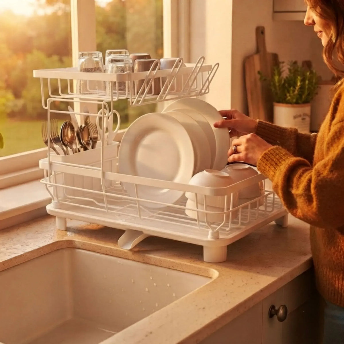 2 Tier Dish Drying Rack with Drainboard and Utensil Holder for Kitchen - White