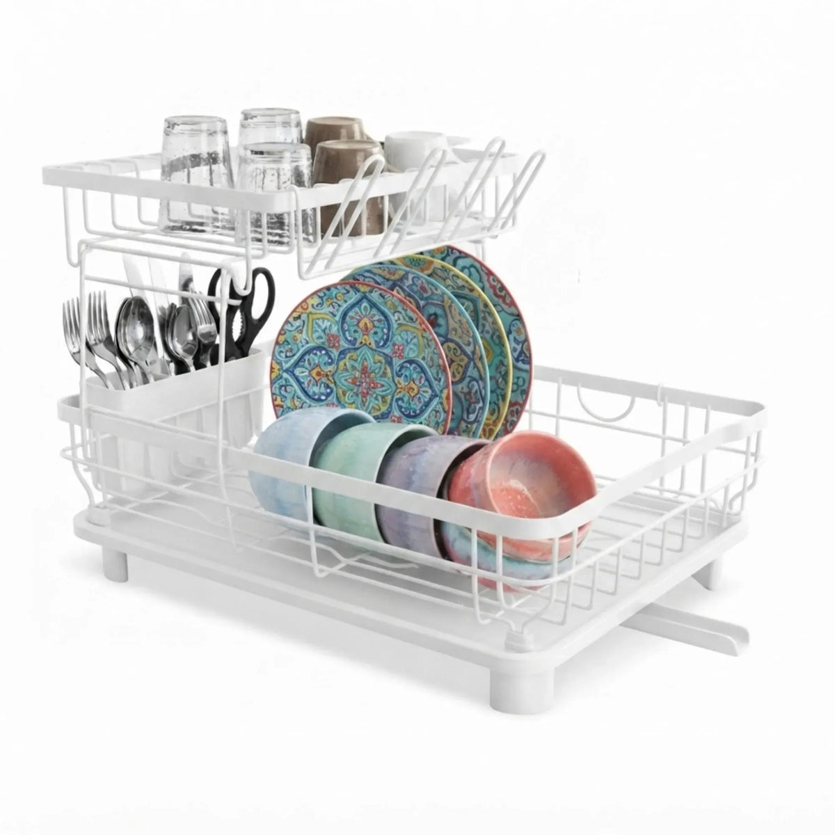 2 Tier Dish Drying Rack with Drainboard and Utensil Holder for Kitchen - White