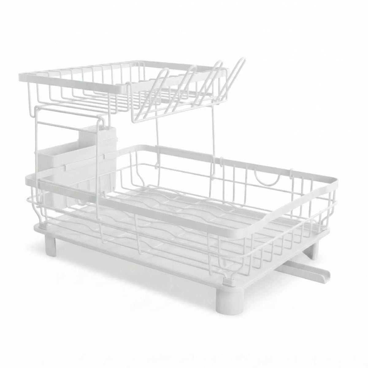 2 Tier Dish Drying Rack with Drainboard and Utensil Holder for Kitchen - White