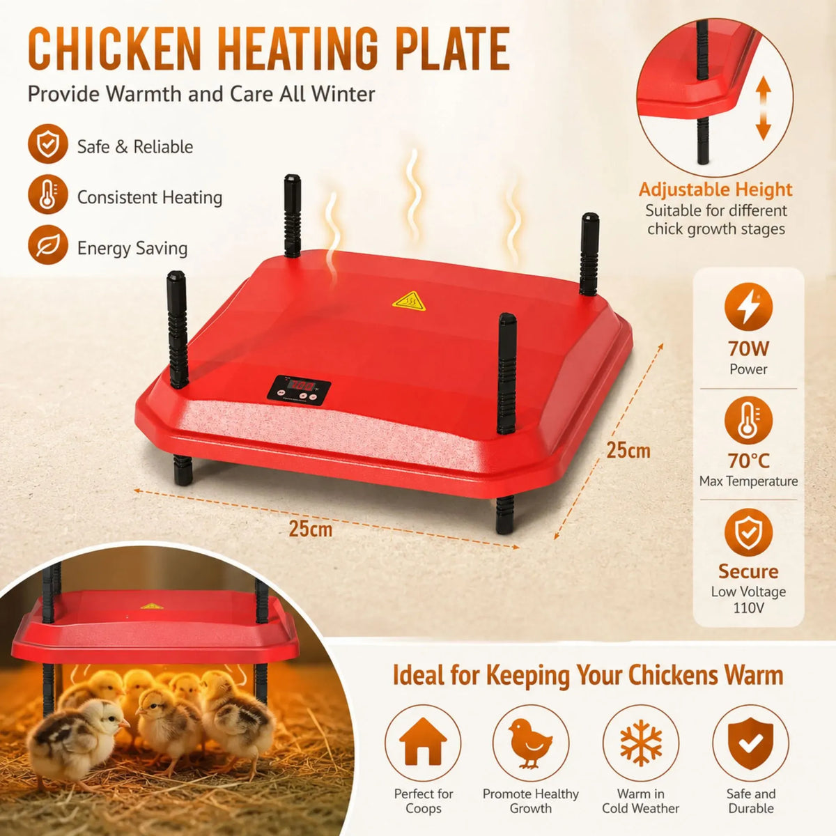 Chick Brooder Heating Plate Adjustable Height Chicken Heater - Red