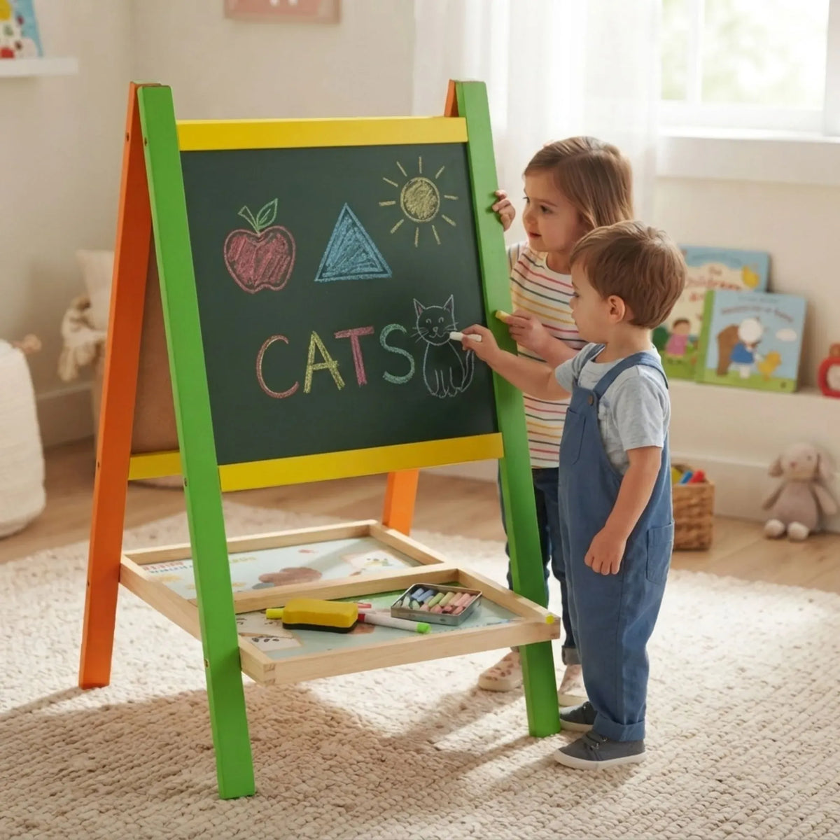 Kids Double-Sided Art Easel with Chalkboard and Magnetic Whiteboard - Multicolour