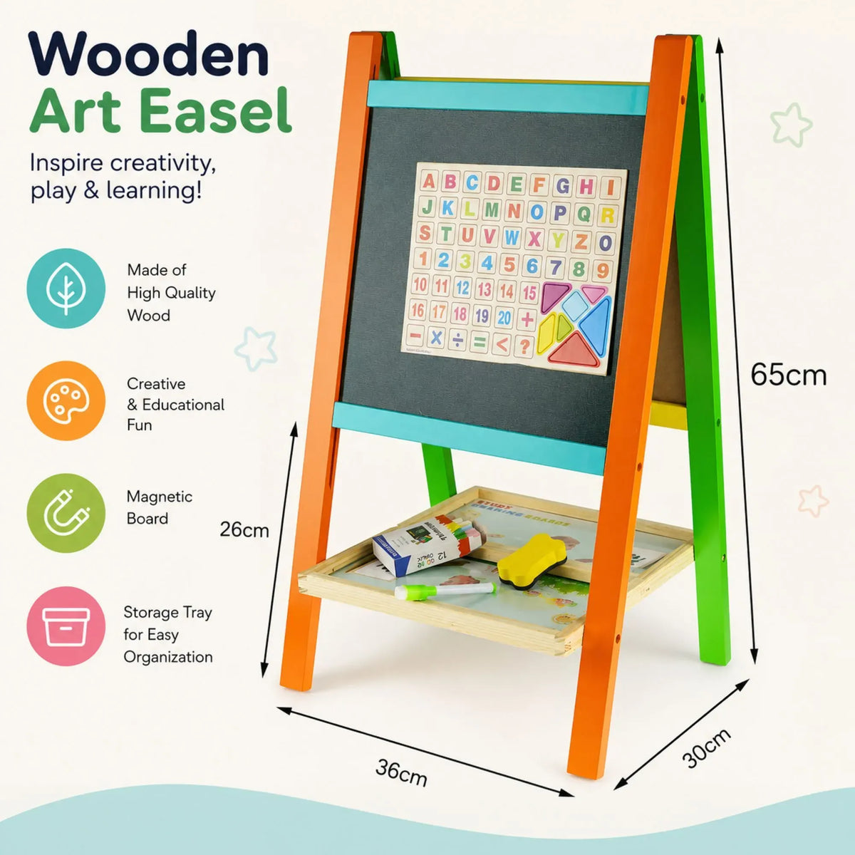 Kids Double-Sided Art Easel with Chalkboard and Magnetic Whiteboard - Multicolour