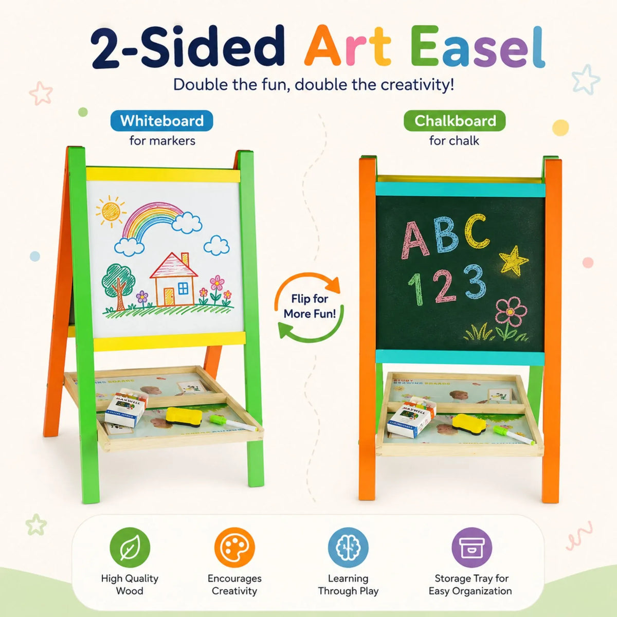 Kids Double-Sided Art Easel with Chalkboard and Magnetic Whiteboard - Multicolour