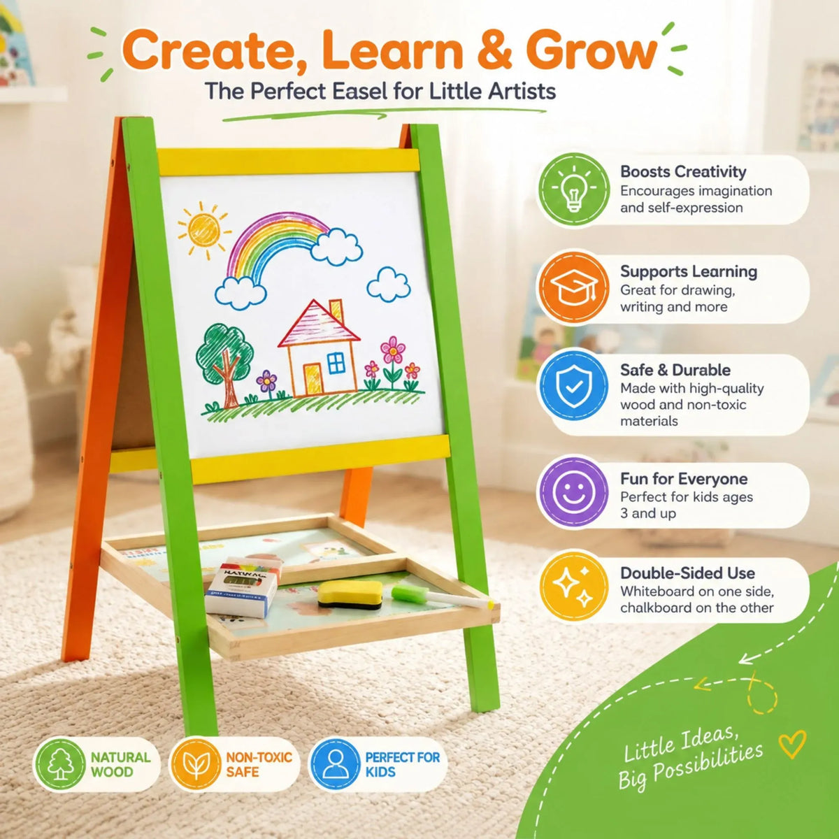 Kids Double-Sided Art Easel with Chalkboard and Magnetic Whiteboard - Multicolour