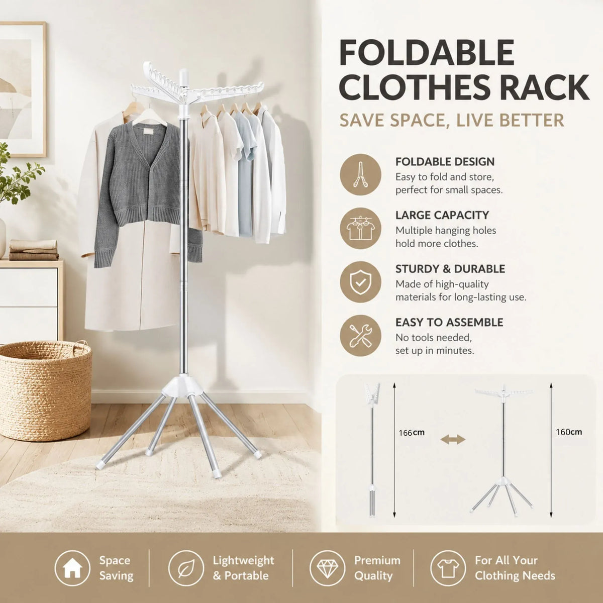 Folding Clothes Drying Rack with 3 Rotatable Arms - White