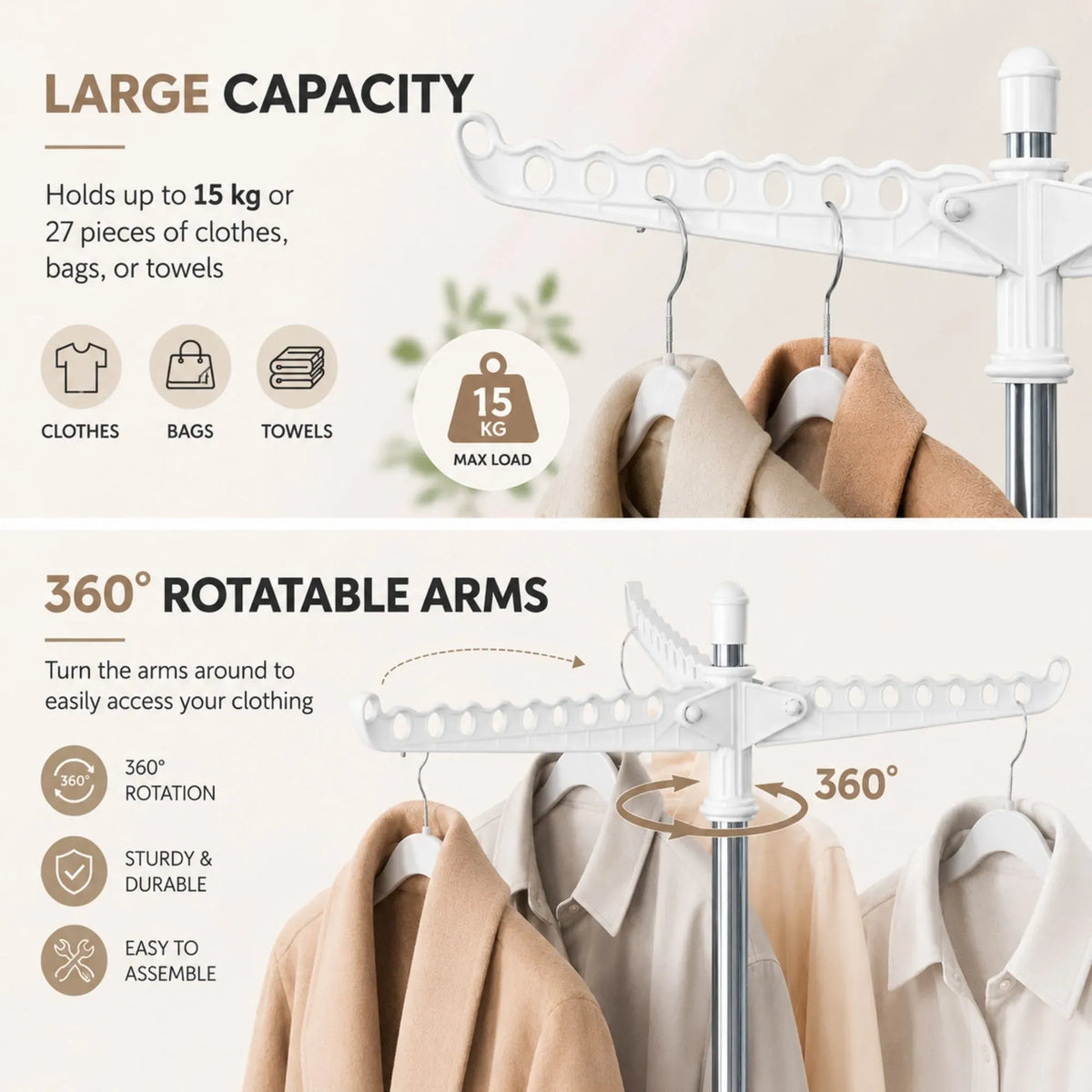 Folding Clothes Drying Rack with 3 Rotatable Arms - White