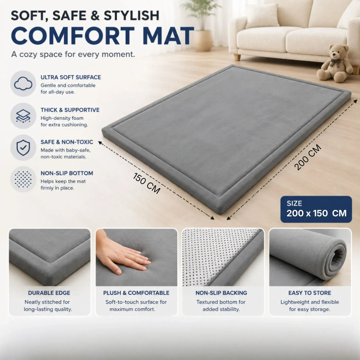 Baby Play Mat 150x200cm Thick Foam Crawling Mat for Infants - Grey