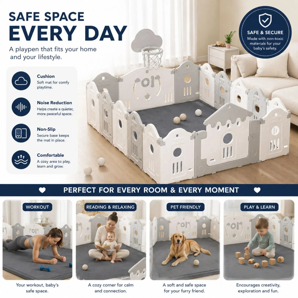 Baby Play Mat 150x200cm Thick Foam Crawling Mat for Infants - Grey