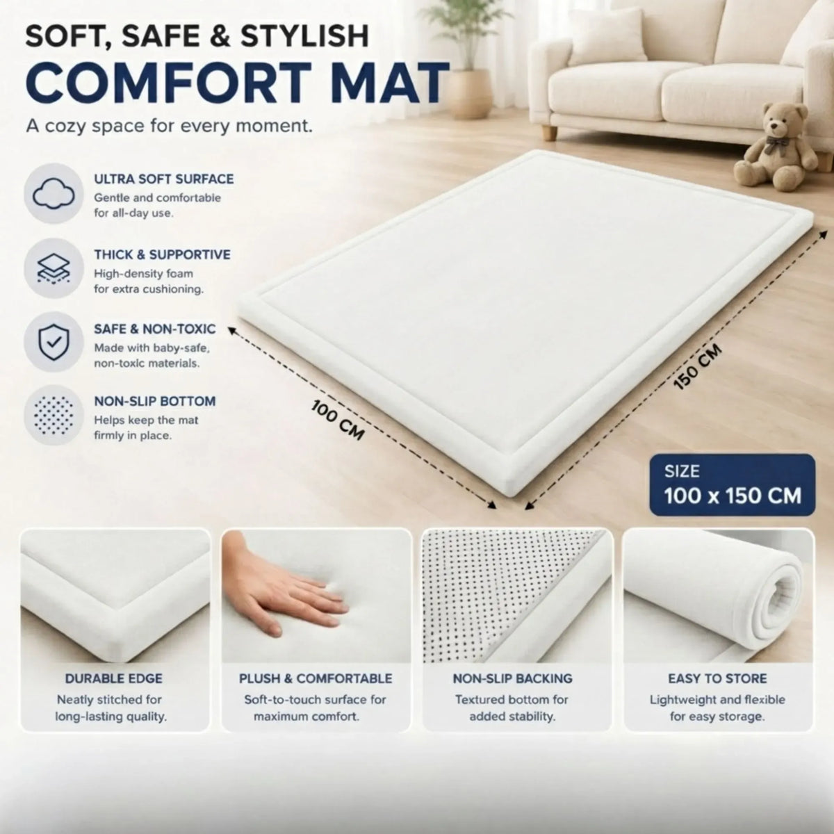Baby Play Mat 100x150cm Thick Foam Crawling Mat - White