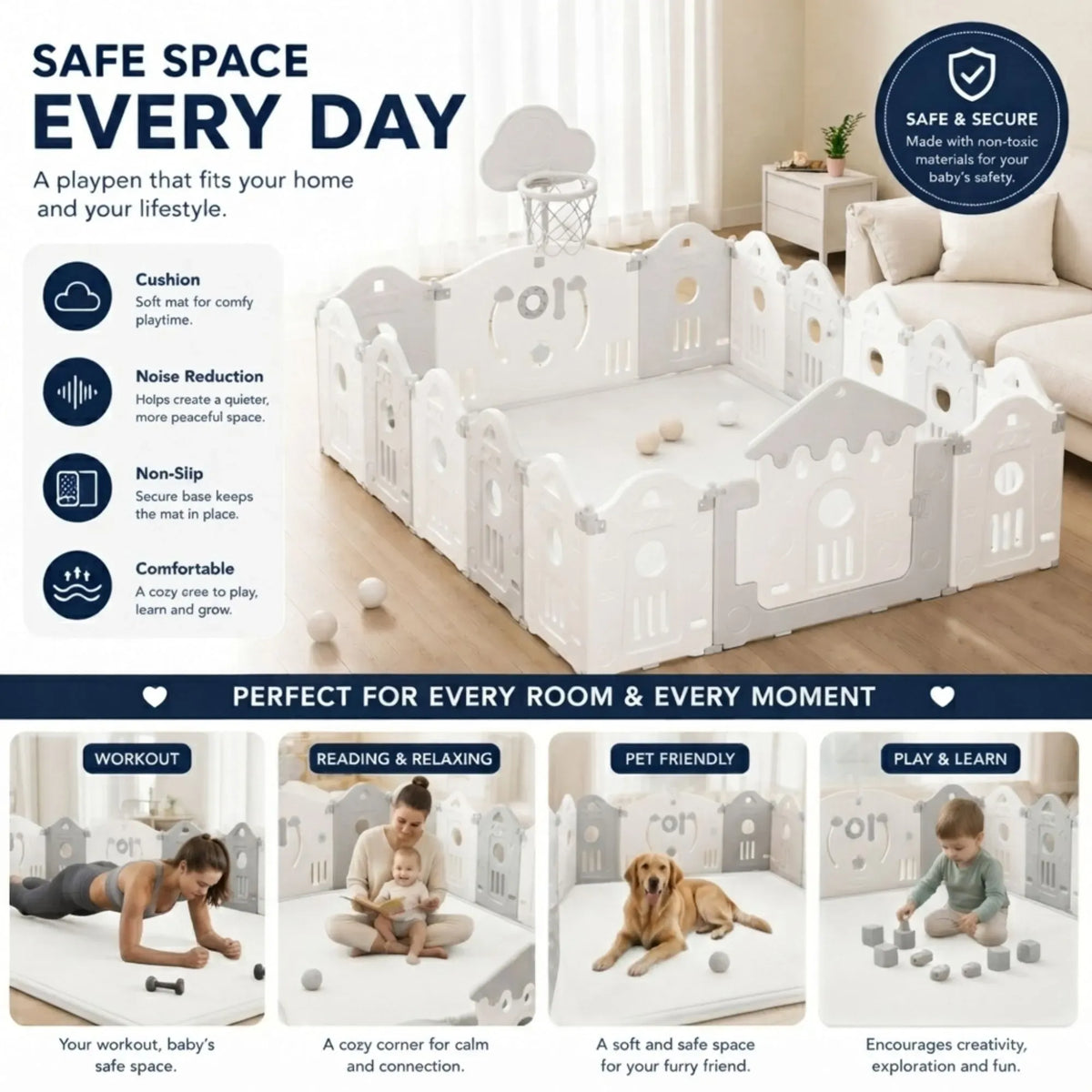 Baby Play Mat 150x200cm Thick Foam Crawling Mat for Infants - White